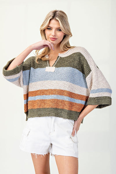 Striped Notched Collar Top