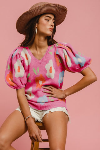Floral Pattern Puff Sleeves V-neck Sweater