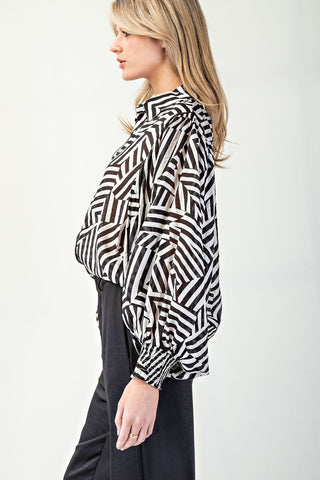 Printed Bubble Sleeve Button Down Top