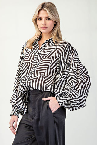Printed Bubble Sleeve Button Down Top