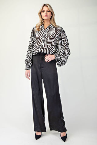 Printed Bubble Sleeve Button Down Top