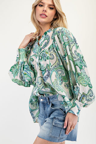 Paisley Printed Bubble Sleeve Top