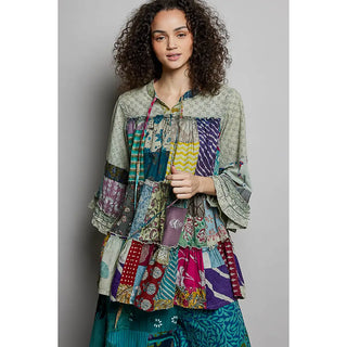 V-Neck 3/4 Sleeve Varied Patchwork Shirred Dress Top