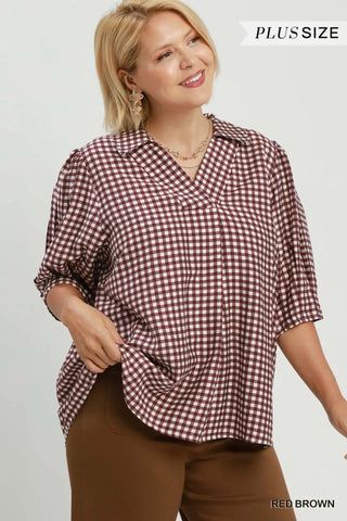 Gingham Check Collared Puff Sleeve Blouse