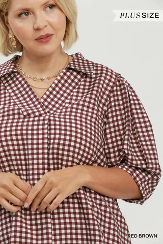 Gingham Check Collared Puff Sleeve Blouse