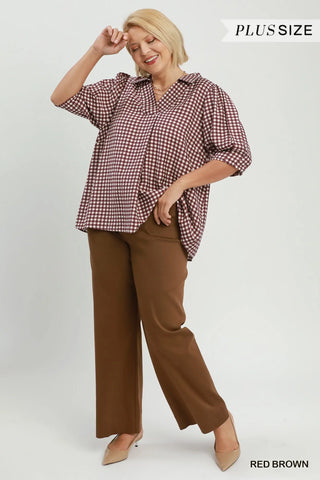 Gingham Check Collared Puff Sleeve Blouse