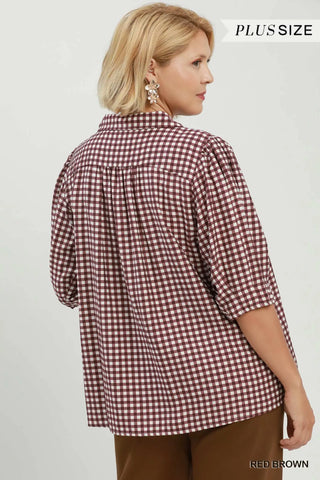 Gingham Check Collared Puff Sleeve Blouse
