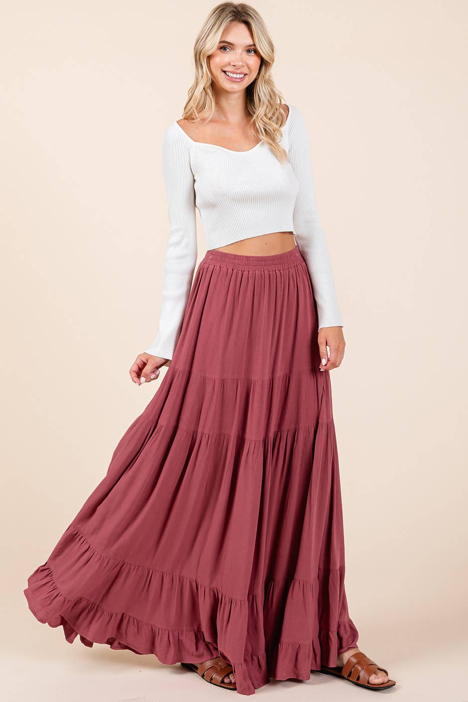 TIERED FLOWY ELASTIC WAIST LINED MAXI SKIRT