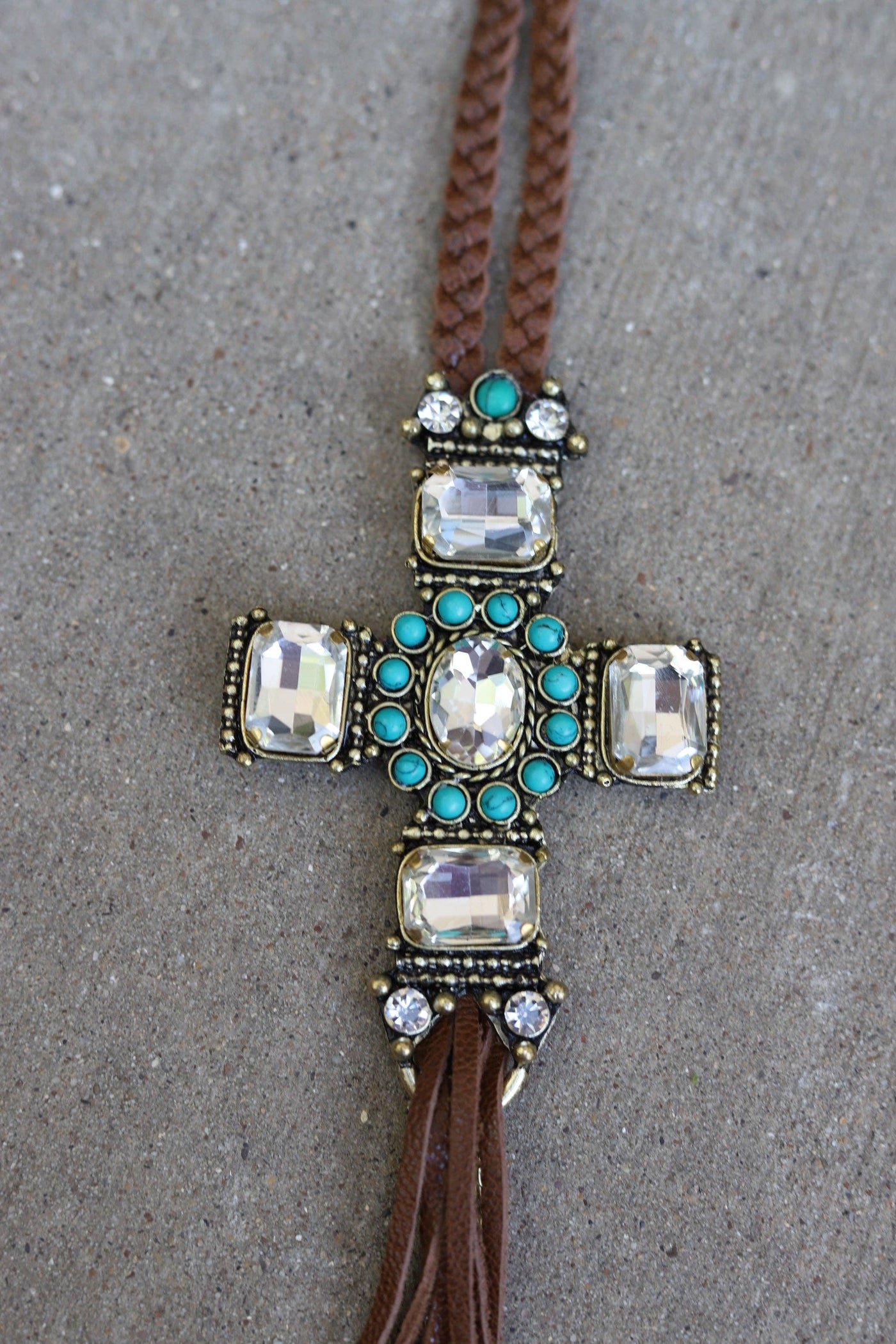 CRYSTAL LARGE CROSS ON BRAIDED NECKLACE