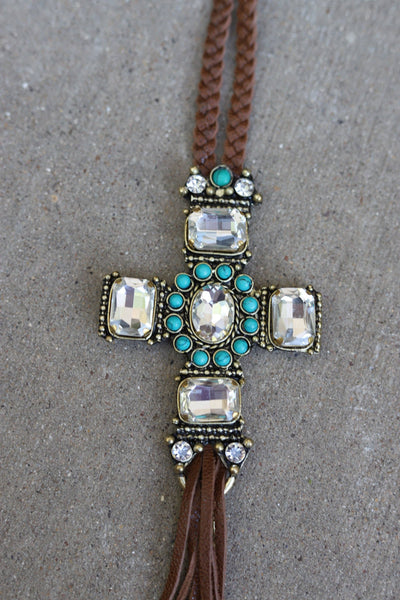 CRYSTAL LARGE CROSS ON BRAIDED NECKLACE