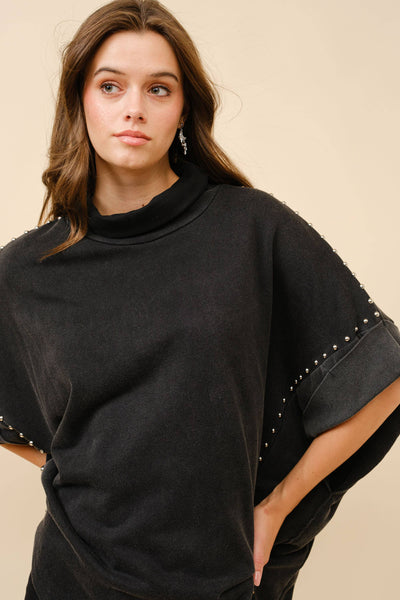 Funnel Neck Studded Dolman Sweatshirt