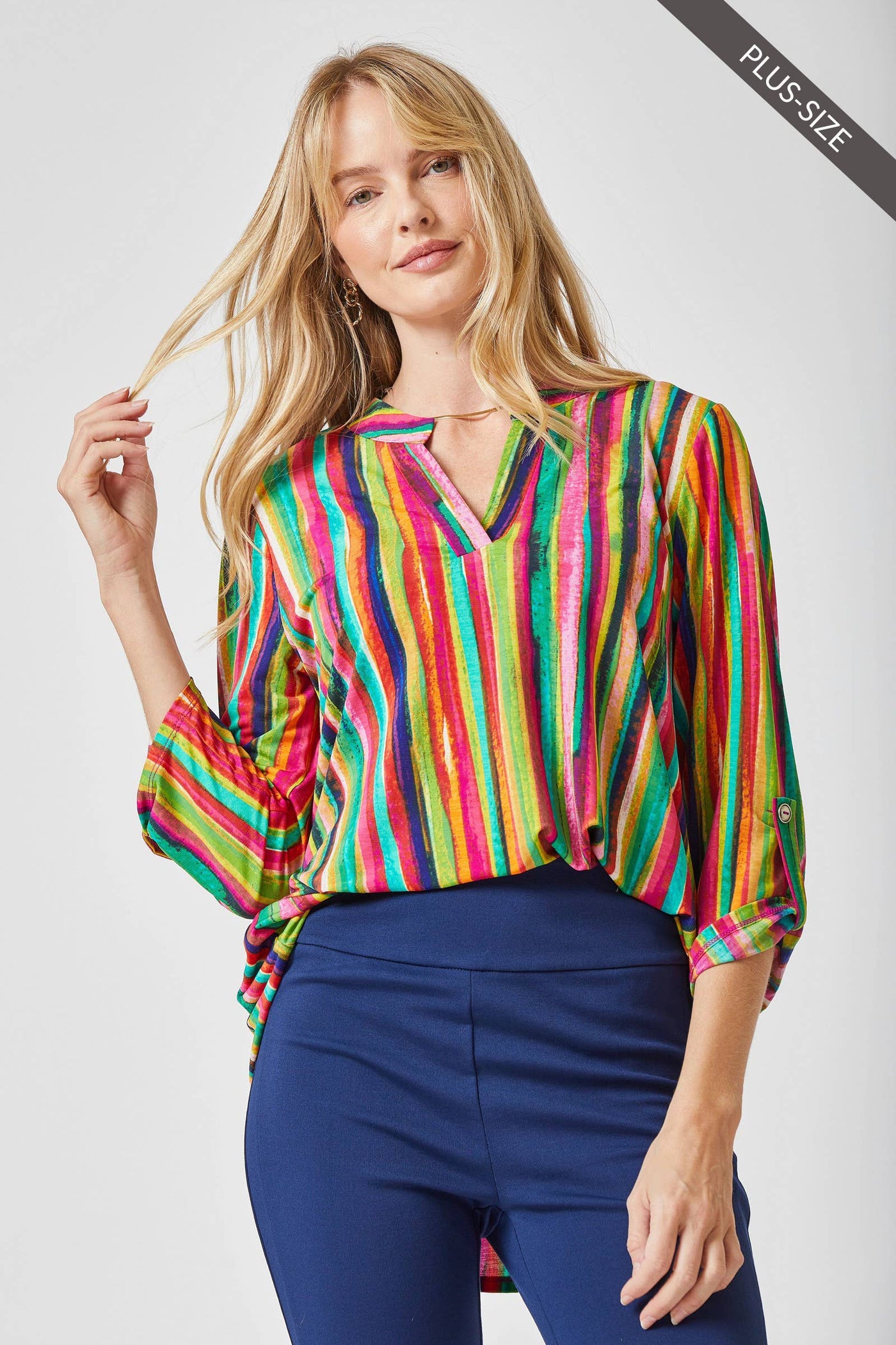 PLUS SIZE Striped 3/4 Sleeve Wrinkle-Free LIZZY Top