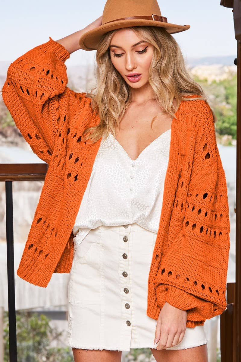 Open Front Balloon Sleeves Knitted Crochet Rust Cardigan