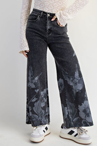 Floral Bird Stretch Denim Pants