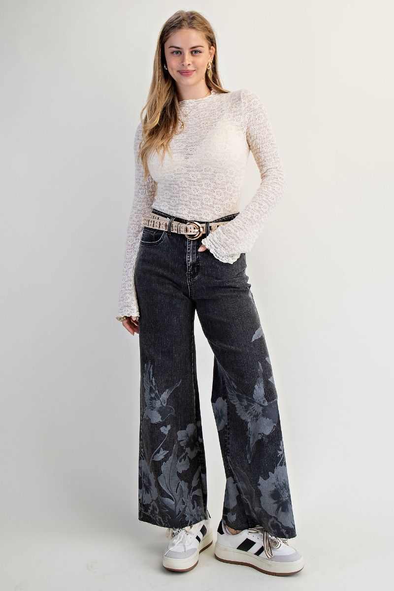 Floral Bird Stretch Denim Pants