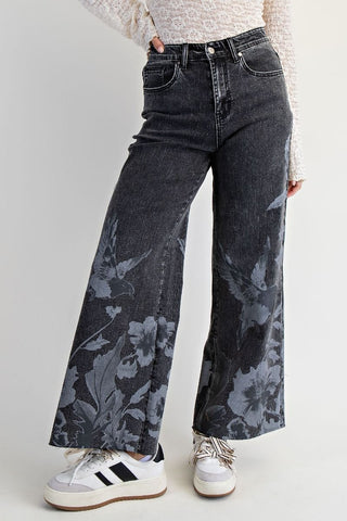 Floral Bird Stretch Denim Pants