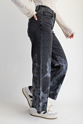 Floral Bird Stretch Denim Pants