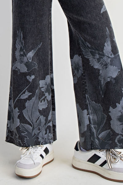 Floral Bird Stretch Denim Pants