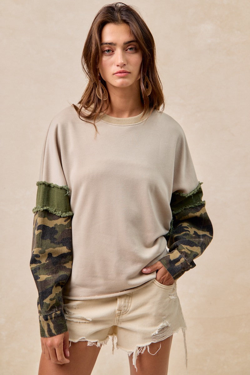 French Terry With Camo Sleeve Top With Frayed Edge