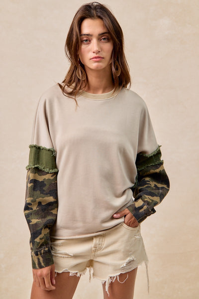 French Terry With Camo Sleeve Top With Frayed Edge