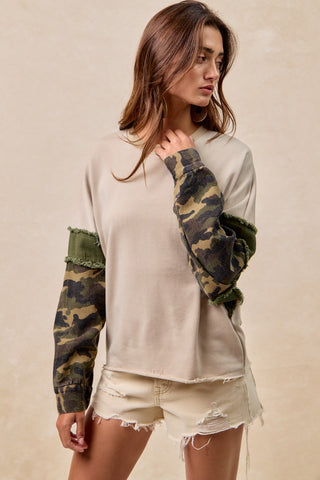 French Terry With Camo Sleeve Top With Frayed Edge