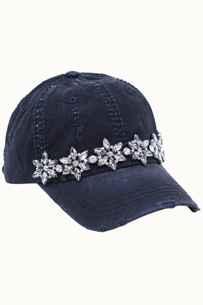 Bejeweled Bling Glitz Distressed Cap, Adjustable