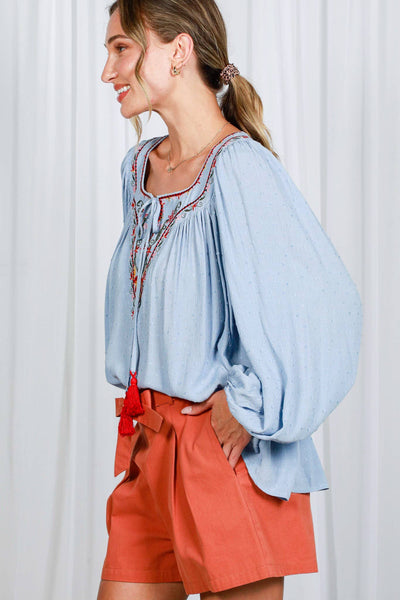 Square Tie Neck With Tassel Embroidered Bohemian Top