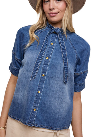 Tie-Neck Button Down Denim Boxy Shirt