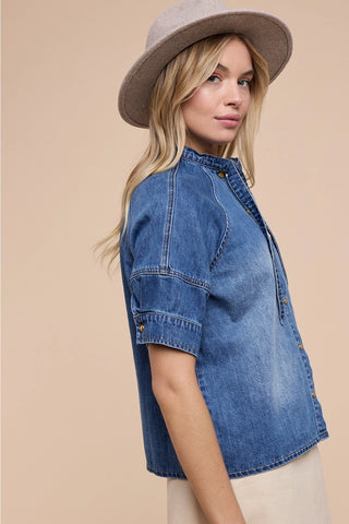 Tie-Neck Button Down Denim Boxy Shirt