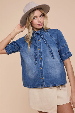 Tie-Neck Button Down Denim Boxy Shirt