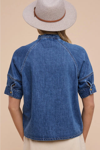 Tie-Neck Button Down Denim Boxy Shirt