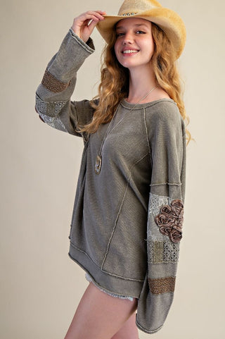 Inside Out Terry Pullover with floral elbow