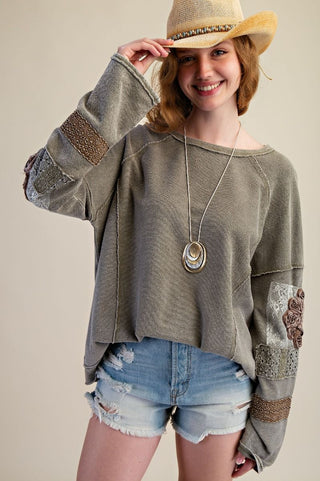 Inside Out Terry Pullover with floral elbow