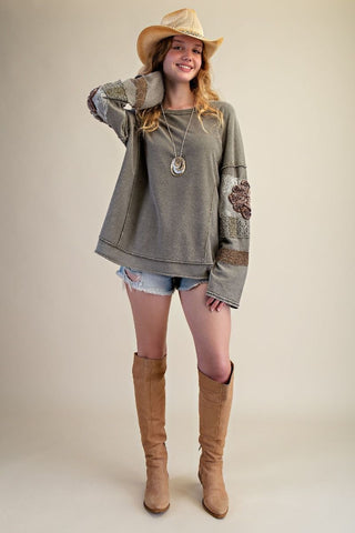 Inside Out Terry Pullover with floral elbow