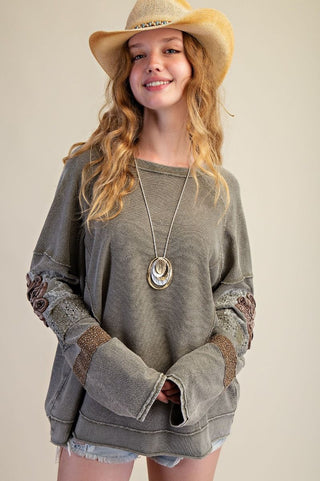 Inside Out Terry Pullover with floral elbow