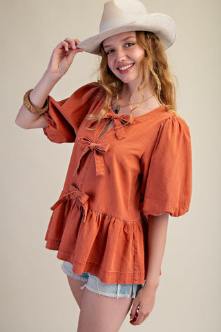 Bow Front Latte Denim Peplum Blouse