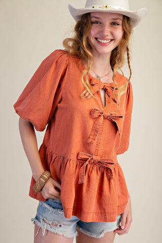 Bow Front Latte Denim Peplum Blouse