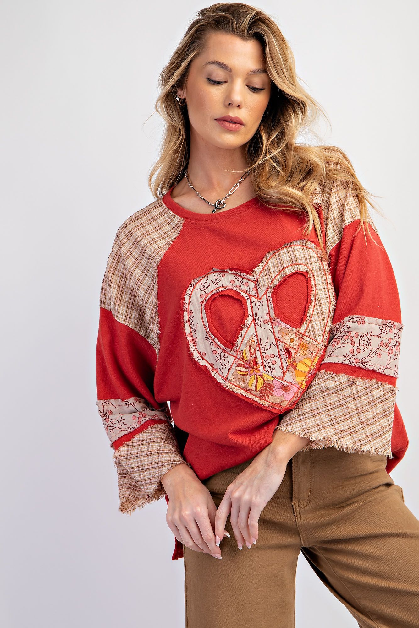 MIX AND MATCH HEART PATCH COTTON TERRY KNIT PULLOVER