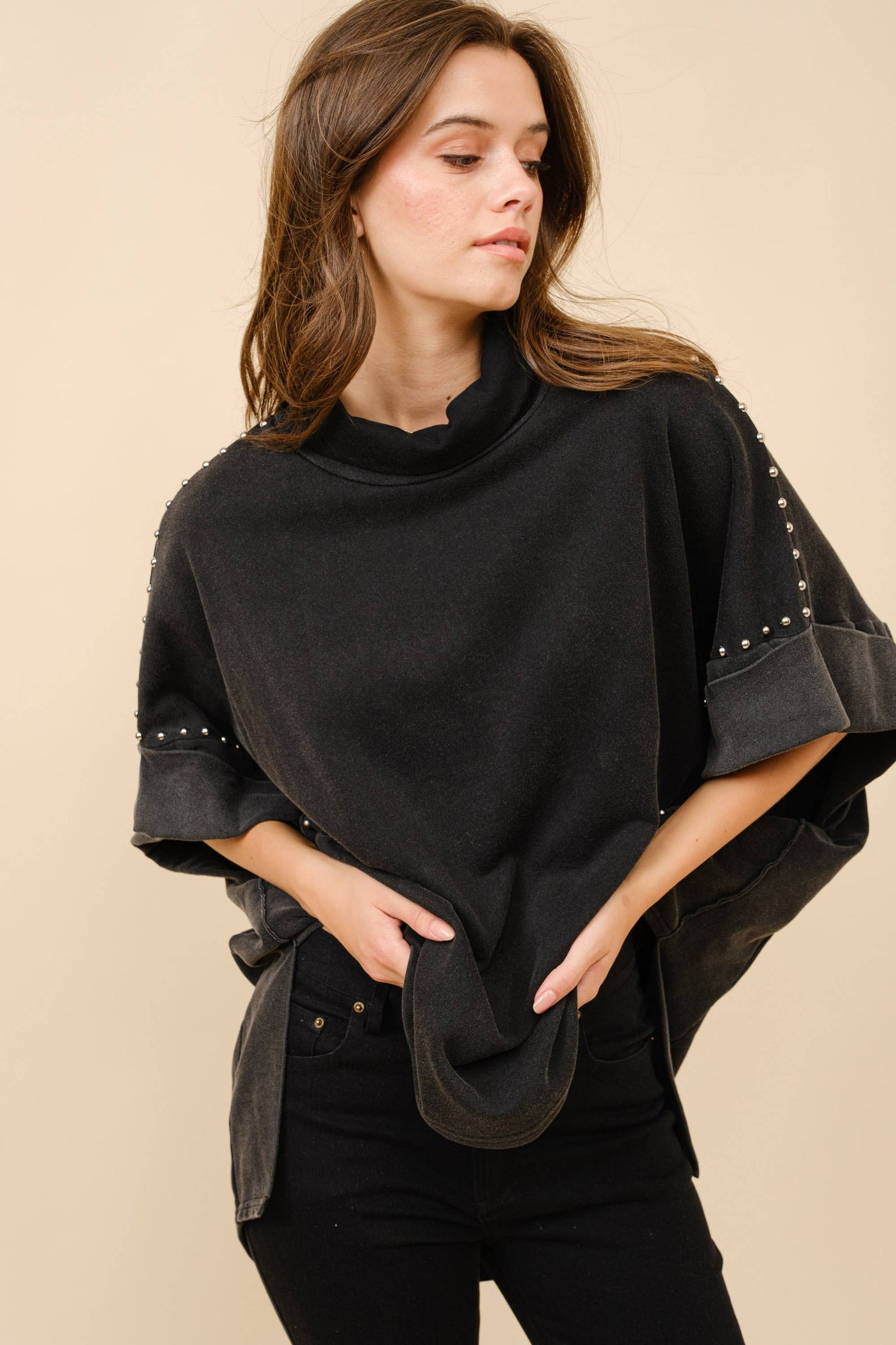 Funnel Neck Studded Dolman Sweatshirt