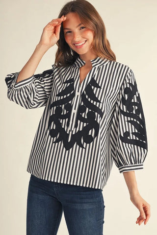 Baroque Appliqué Striped Button-Front Top