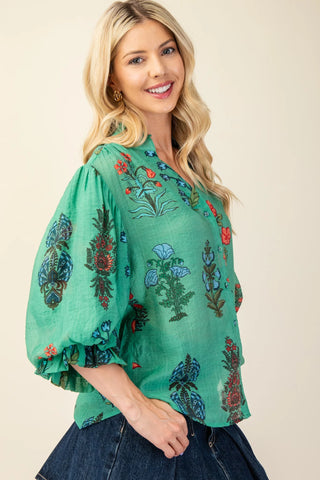 Green Printed Button-Down Top with 3/4 Length Gathered Balloon Sleeves