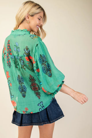Green Printed Button-Down Top with 3/4 Length Gathered Balloon Sleeves