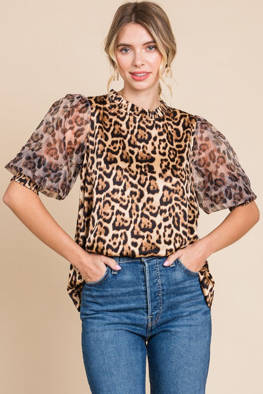 Leopard Print Peasant Sleeves Top