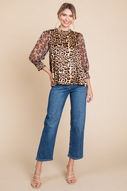 Leopard Print Peasant Sleeves Top