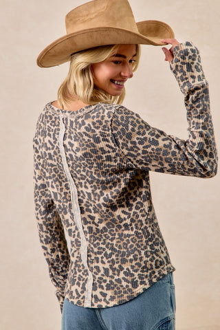 Leopard Print Washed Waffle Thermal Top With Thumb Hole