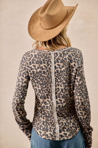 Leopard Print Washed Waffle Thermal Top With Thumb Hole