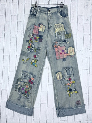 Embroidered Patchwork Wide Leg Jeans