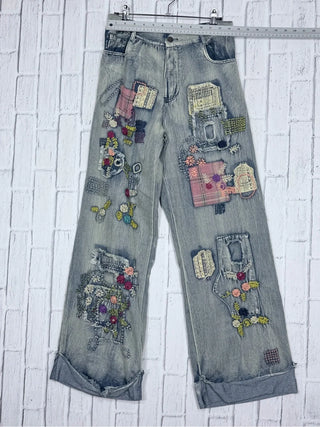 Embroidered Patchwork Wide Leg Jeans