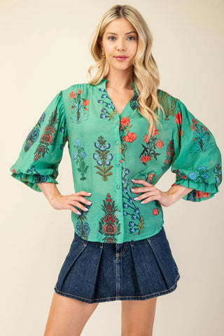 Green Printed Button-Down Top with 3/4 Length Gathered Balloon Sleeves