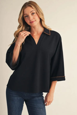 3/4 Sleeves V-neck Solid Top with Embroidered Scallop Edge